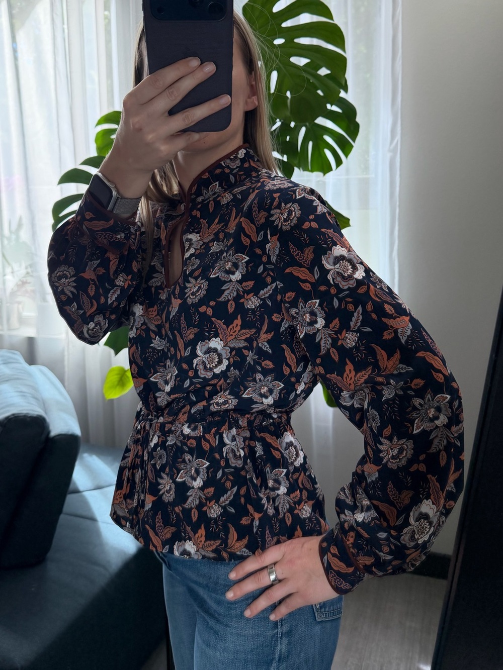 Margaret O’Leary Long Sleeve Boho Floral Top Blouse Navy Mandarin Collar Size S - Picture 2 of 11
